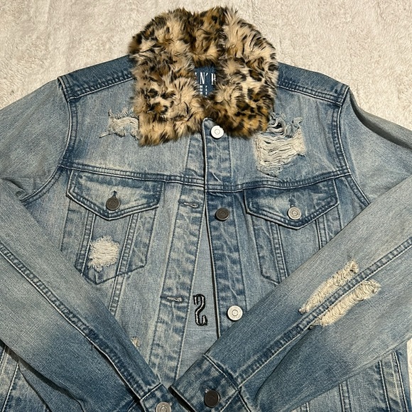 Guns & Roses Denim Jacket with Faux Leopard Fur - Picture 2 of 5